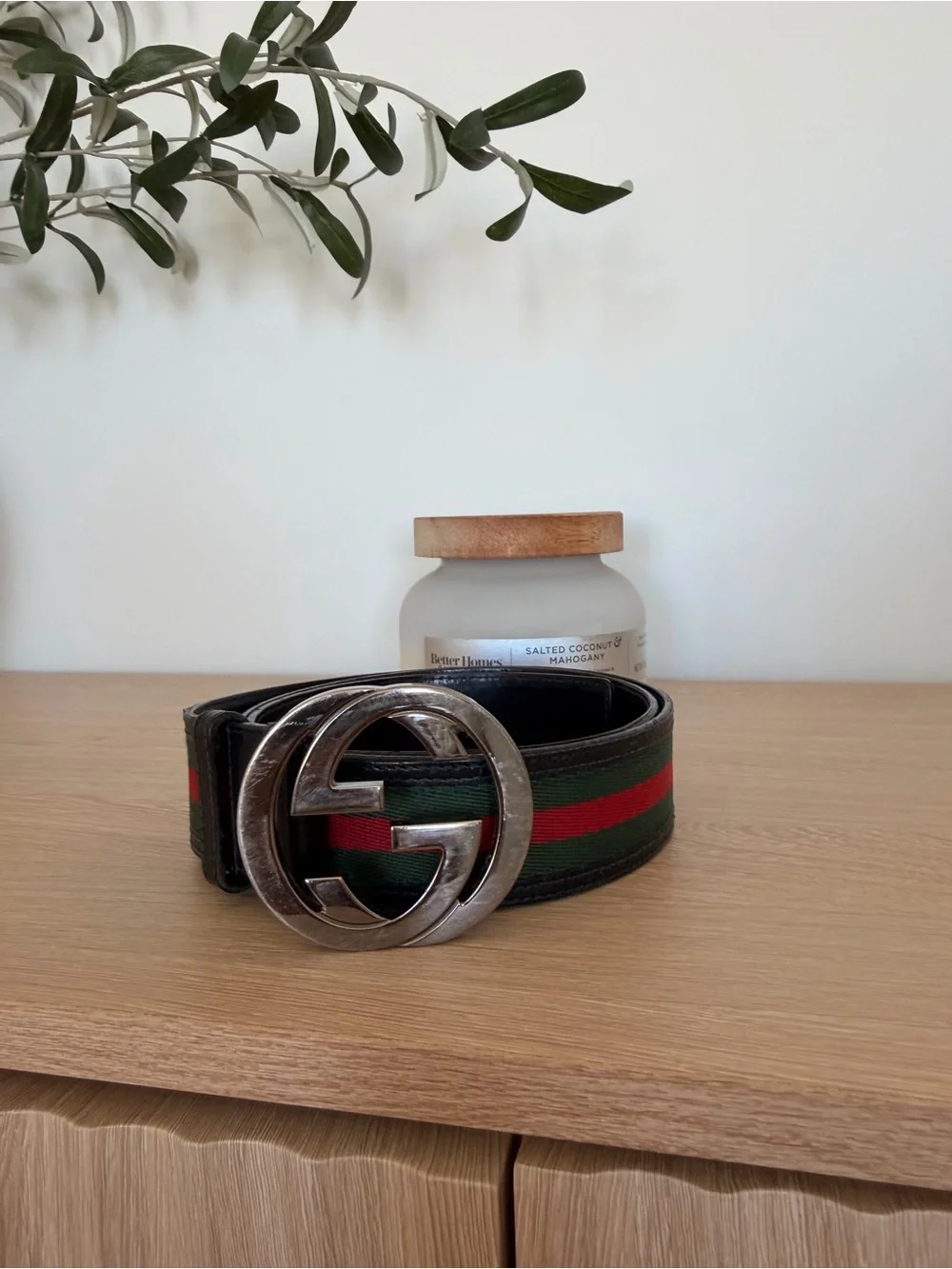Gucci Green and Red Web Stripe Men's Belt with Silver Double G Buckle